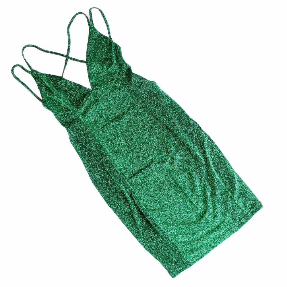 Open Back Strappy Lurex Glitter Green Mini Dress - Picture 6 of 8